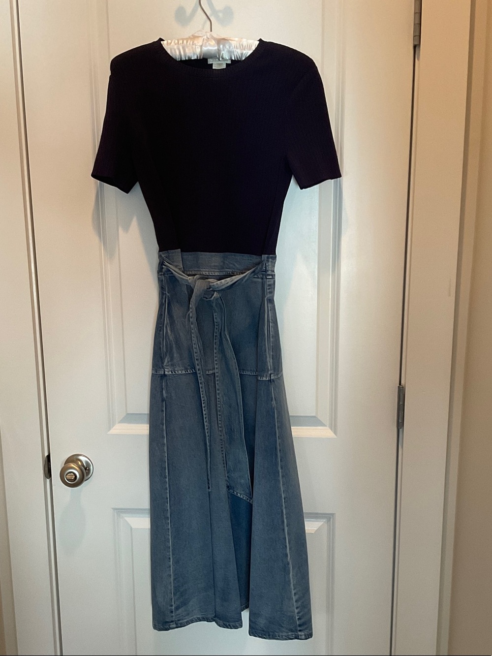 Shoshanna Two-Tone Denim A-Line Maxi Skirt in Light Blue